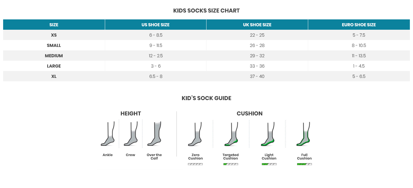 Size chart socks kids