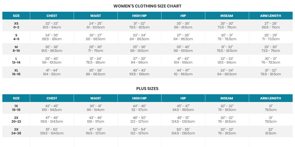 Size chart Womens apparel
