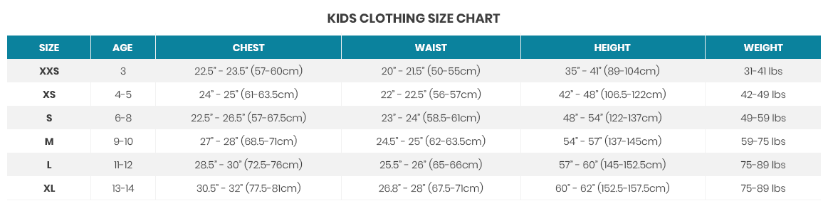 Size chart Kids apparel