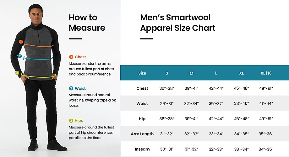 Size chart Mens apparel
